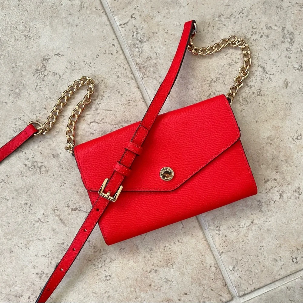 Michael Kors Cherry Red Mini Crossbody Bag with Gold Chain Everyday Casual Purse - Picture 1 of 12